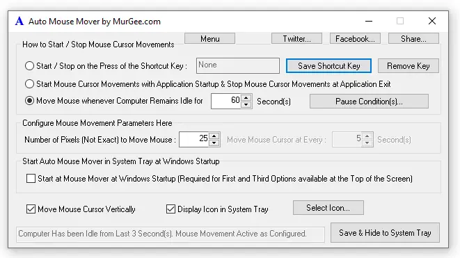 Main Screen of Auto Mouse Mover Utility to Configure Automatic Mouse Movements